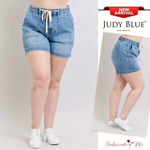 Judy Blue Plus Size High Rise Drawstring Waist Vintage Medium Wash Jogger Shorts